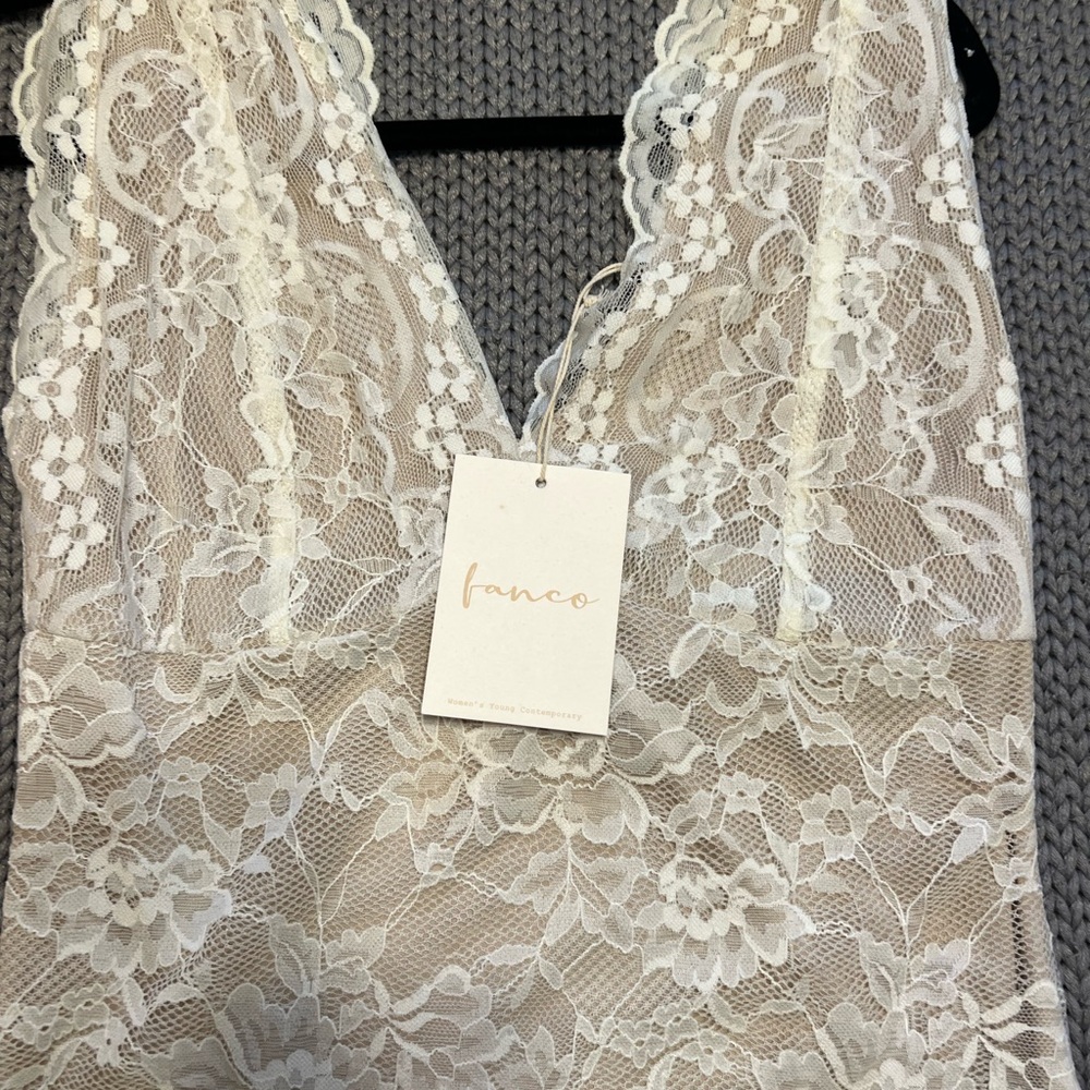 Cream Lace Chemise with Plunging Neckline and Sheer Fabric